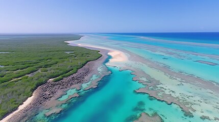 Stunning Aerial View of Tropical Island Paradise Turquoise Waters Meet Lush Mangrove Coastline