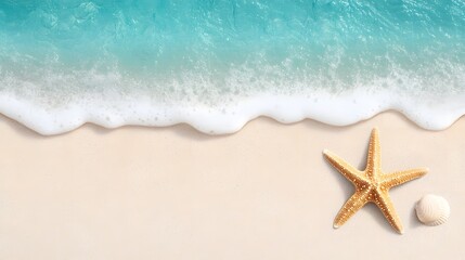 Tranquil beach scene with starfish and seashells on soft sand