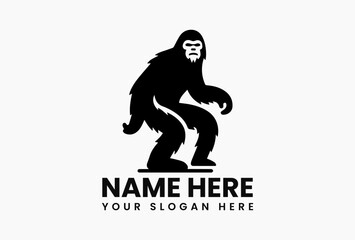 Stylized black Bigfoot creature walking in profile as white background vector silhouette. Cryptozoology concept  