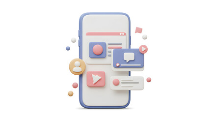 Fototapeta premium 3D Render Of Smartphone With App Icons In Pastel Colors On White Background