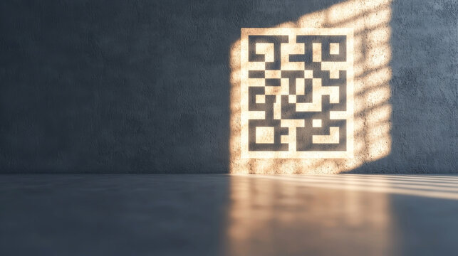 A modern QR code cast in shadows on a textured wall, symbolizing digital innovation.