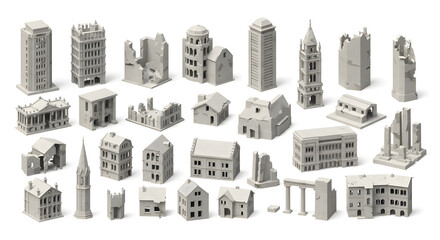 Obraz premium 3D Voxel Art Collection of Buildings Various Architectural Styles and Damage Isolated White Background