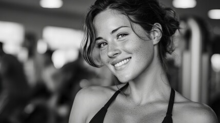 A fitness portrait of a happy woman enjoying her gym workout, embracing a healthy lifestyle and progress