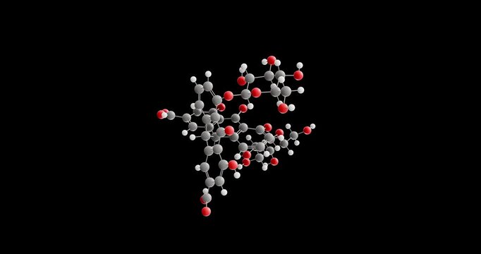 Sennoside molecule, rotating 3D model of laxative, looped video on a black background