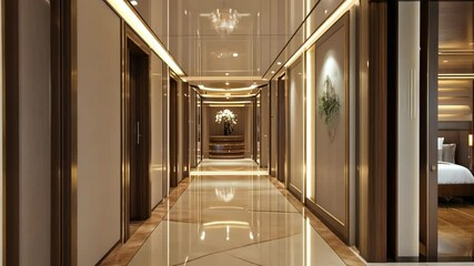 Elegant hotel corridor with modern design and ambient lighting