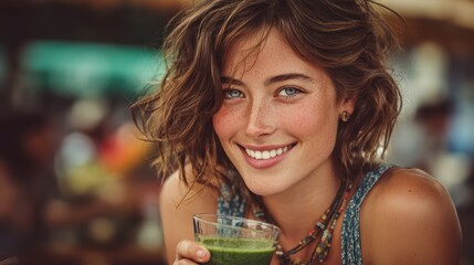 A happy woman sipping a healthy smoothie, smiling with satisfaction and energy