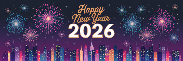 Fireworks Over City Skyline for New Year 2026