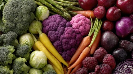 An assortment of organic fruits and vegetables arranged in the shape of a heart, promoting nutrition and wellness