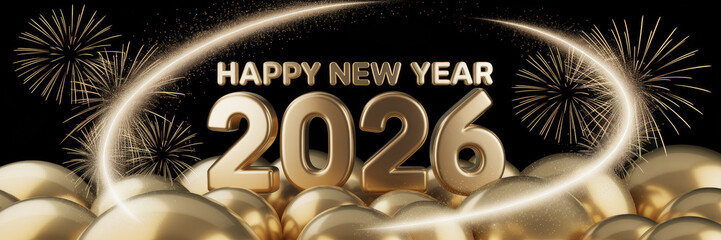 Luxurious 3D Gold Balloons and Fireworks Illustration for New Year 2026