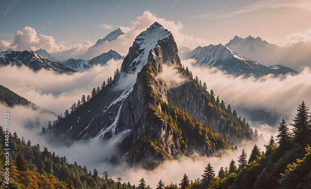 Aufkleber mountain range covered in clouds and trees. the clouds are white and fluffy, and the trees are green