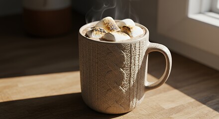 Warm Cozy Hot Chocolate with Toasted Marshmallows in a Knitted Mug on Sunny Wooden Table