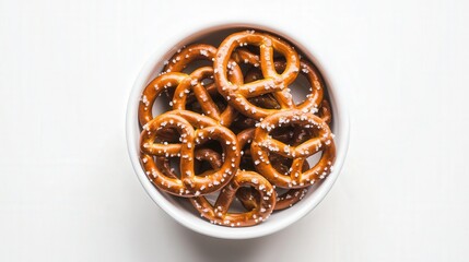 minimal yet striking view of salted pretzels in a smooth white bowl, their curves and salt grains accentuated