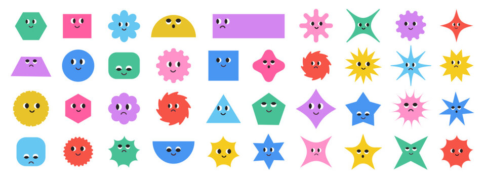 Cute colorful basic Geometric Figures with face emotions. Set of different shapes square, circle, rectangle, flower, star, rhombus, hexagon etc. Funny characters. Trendy vector illustration for kids