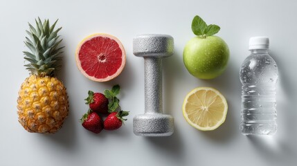 A collection of healthy lifestyle essentials like fruits, weights, and water, styled on a white background