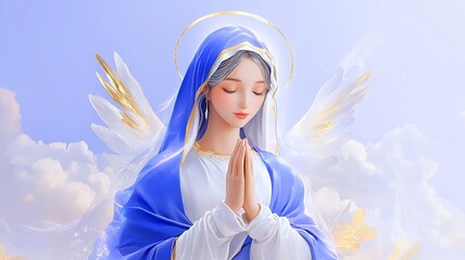 a serene image of Our Lady (Nossa Senhora) in a flowing blue and white robe, hands together in prayer, surrounded by soft light and clouds, peaceful heavenly atmosphere, divine presence
