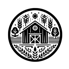 Farmhouse Emblem: Rustic Barn in a Geometric, Black & White Design