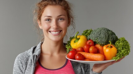 A joyful woman showing a plate of vegetables, symbolizing her commitment to healthy eating and fitness