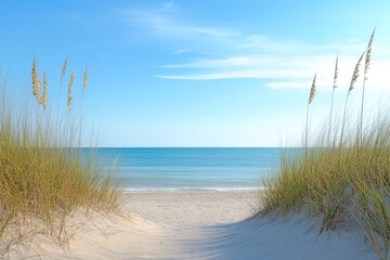 A beach with a path leading to the water