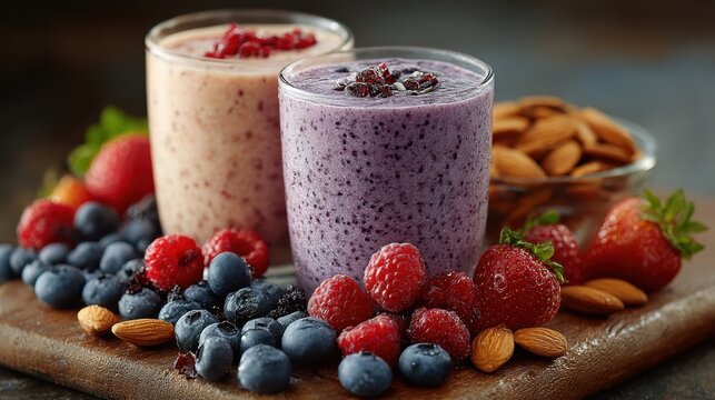 A healthy fruit-filled breakfast with smoothies and nuts, promoting a balanced, nutritious start to the day