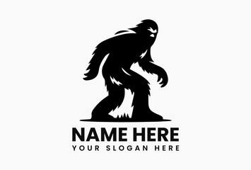 Obraz premium Stylized black Bigfoot creature walking in profile as white background vector silhouette. Cryptozoology concept 