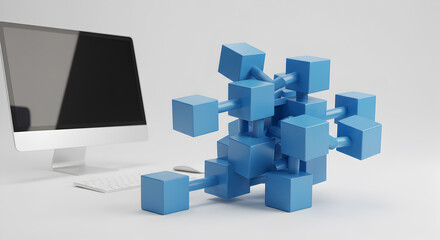 Abstract Blue Cube Network Structure With Computer on White Background and Clean Design