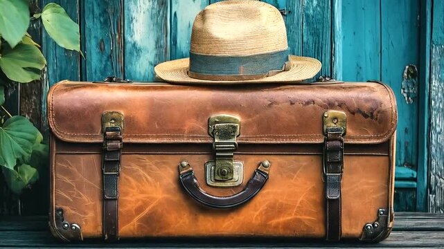 Vintage suitcase with hat resting atop.