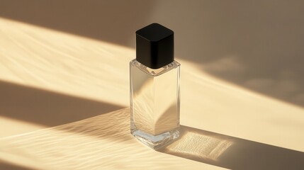 minimalist clear skincare bottle with a black cap, its shadow softly elongating on a smooth surface