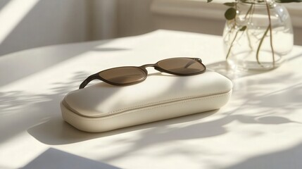 minimalist glasses case made from eco-friendly materials, with a slim profile and smooth finish, on a clean white surface