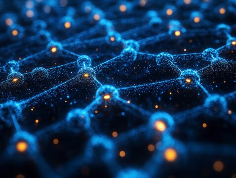 Linked blue network with glowing orange nodes