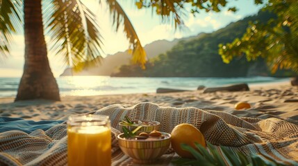 Obraz premium dynamic outdoor scene of tropical picnic with smoothie bowls, palm trees, candid style, bright midday sunlight, vivid yellow and green tones, wide-angle composition with blanket in foreground