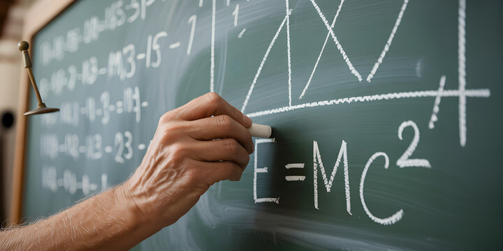 
Close-Up of Hand Writing Math Equations on Chalkboard