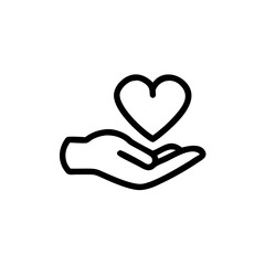 Outline icon of a hand holding a heart. Symbol of love, charity, kindness, health, and emotional care. Perfect for nonprofits, donations, healthcare, and community support.