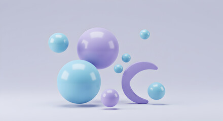Abstract Composition Of Floating Spheres And Crescent In Pastel Colors