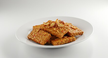 Tempeh Dish with Toppings on White Plate, Food Photography