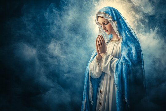 a serene image of Our Lady (Nossa Senhora) in a flowing blue and white robe, hands together in prayer, surrounded by soft light and clouds, peaceful heavenly atmosphere, divine presence