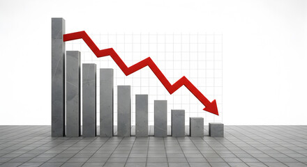 Abstract Concrete Graph Showing Financial Decline with Red Arrow Against White Background