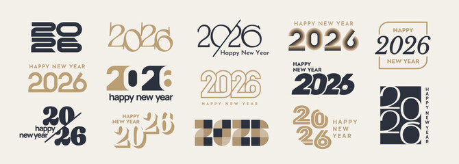 2026 Text Design set. Typography icons or stickers for New Year 2026 Social Media Post, Greeting Card and Labels. Festive Design Elements. Flat vector illustration collection