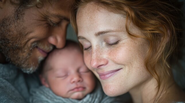 New parents gazing lovingly at their sleeping newborn