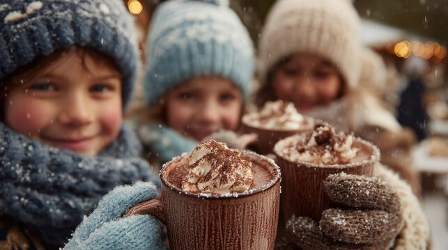 Family clinking mugs of hot chocolate together during winter