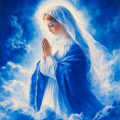 a serene image of Our Lady (Nossa Senhora) in a flowing blue and white robe, hands together in prayer, surrounded by soft light and clouds, peaceful heavenly atmosphere, divine presence