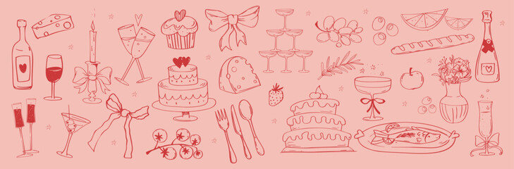 Wedding dinner icons. Sketch style stickers with festive food, champagne, cake, glass of wine and Italian cuisine. Design for holiday invitations. Hand drawn vector illustration set