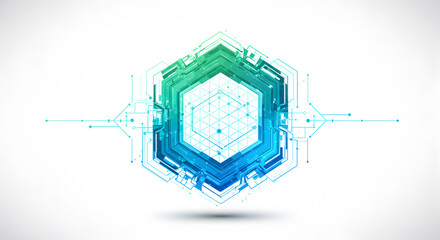 Abstract Digital Technology Design Hexagonal Shape with Blue Green Circuit Board Elements