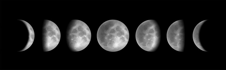 Crescent moon phases at night sky. Diagram or banner showing different phases of lunar satellite from eclipse, waning and waxing, to full moon. Astronomical cycle. Realistic 3D vector illustration
