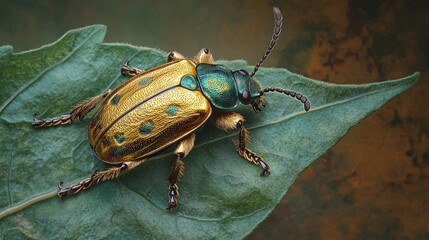 Vertical Macro of Golden Beetle on Green Leaf, Metallic Emerald-Green Exoskeleton with Iridescent Highlights, Soft Blurred Background, Insect Macro Photography, Natural Leaf Texture Details, Beetle Co