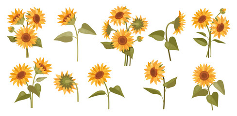 Summer sunflowers set. Beautiful botanical stickers with single sunflowers and bouquets of blooming wild flowers. Plant icons. Cartoon flat vector illustration collection