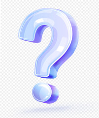 Question mark symbol. Icon or sign with glass texture. Frequently asked questions. Searching for answer. Design element for website. Realistic 3D vector illustration