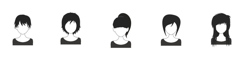 Black hair vector icon set. Men and Women Hairstyle Icon. Female faces sign symbol. Women side face with hair care icon