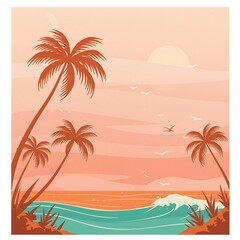 Fototapeta premium illustration Retro Tropical Surf Scene with Stylized Waves and Palm Trees