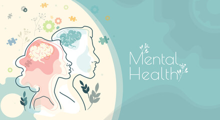 Mental Health Banner. Background or poster with silhouettes of people surrounded by puzzle pieces and blooming flowers. Caring for mind. Flat hand drawn vector illustration