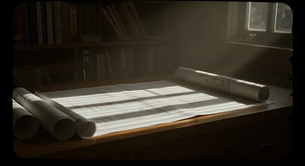 Architectural Blueprints Sunlight Beams on Desk near Bookshelf: Design and Construction Plans